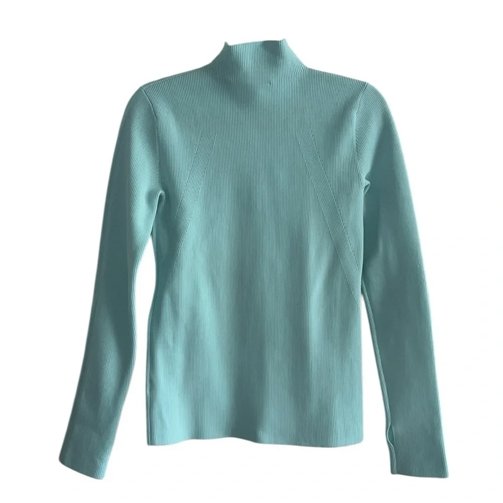 Helmut Lang Foam  Blue Mockneck Ribbed Sweater Size Medium - Picture 6 of 13